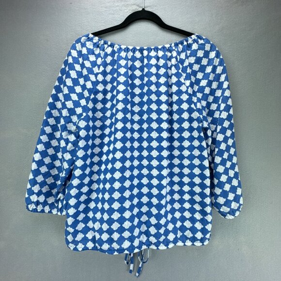 Talbots Top Womens Medium Blue White Pullover Linen Elastic Tie Hem 3/4 Sleeve - Picture 4 of 14